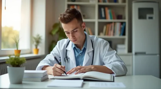 Étudiant en concentration lors de ses révisions en médecine dans un environnement de travail épuré