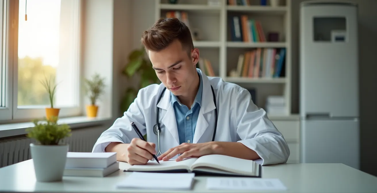 Étudiant en concentration lors de ses révisions en médecine dans un environnement de travail épuré